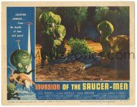 9j166 INVASION OF THE SAUCER MEN LC #3 '57 cabbage head aliens surround unconscious man on ground!