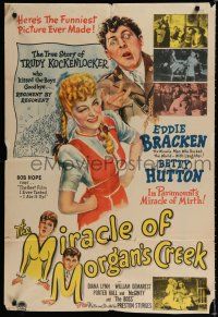 9j093 MIRACLE OF MORGAN'S CREEK 1sh '43 Preston Sturges, art of Eddie Bracken & Betty Hutton!