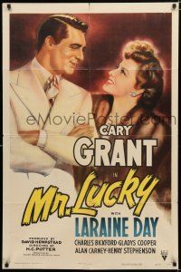 9j095 MR. LUCKY 1sh '43 art of handsome gambler Cary Grant smiling at pretty Laraine Day!