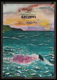 9j394 JAWS Polish 23x33 '76 Spielberg, different Dudzinski art of shark fin in bloody water!