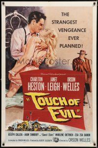 9j103 TOUCH OF EVIL 1sh '58 Tollen art of director/star Orson Welles, Charlton Heston & Leigh!