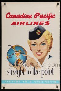 9j064 CANADIAN PACIFIC AIRLINES STRAIGHT TO THE POINT Canadian travel poster '56 art of hostess!