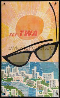 9j052 FLY TWA travel poster '50s David Klein art of giant sunglasses over Miami's Biscayne Bay!