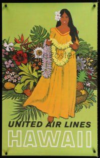 9j061 UNITED AIR LINES HAWAII travel poster '60s Stan Galli art of pretty woman in dress & lei!