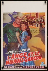 9k236 ANGEL & THE BADMAN Belgian '50 great artwork of cowboy John Wayne & sexy Gail Russell!