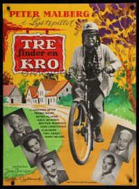 9k844 TRE FINDER EN KRO Danish '55 Peter Malberg, Johannes Meyer, cool image of man on bicycle!