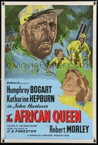 9k077 AFRICAN QUEEN English 1sh R50s colourful montage art of Humphrey Bogart & Katharine Hepburn!