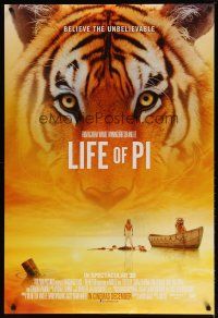 9k083 LIFE OF PI advance DS English 1sh '12 Suraj Sharma, Irrfan Khan, cool image of tiger on boat!