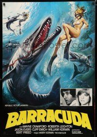 9k431 BARRACUDA Italian 1sh 1978 great artwork of huge killer fish attacking sexy diver in bikini!