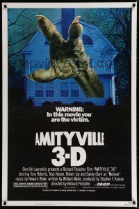 9m054 AMITYVILLE 3D 1sh '83 cool 3-D image of huge monster hand reaching from house!