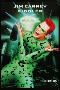 9m092 BATMAN FOREVER advance 1sh '95 cool image of Jim Carrey as The Riddler!