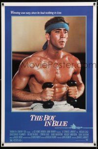 9m141 BOY IN BLUE 1sh '85 close up of barechested Nicolas Cage working out as Ned Hanlan!