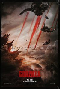 9m328 GODZILLA teaser DS 1sh '14 image of soldiers parachuting over monster & burning city!