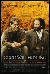 9m335 GOOD WILL HUNTING DS 1sh '97 great image of smiling Matt Damon & Robin Williams!