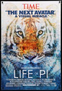 9m461 LIFE OF PI style B advance DS 1sh '12 Suraj Sharma, Irrfan Khan, cool collage image of tiger!