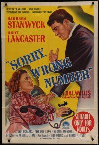 9r192 SORRY WRONG NUMBER Aust 1sh '48 art of Burt Lancaster giving Barbara Stanwyck the backhand!