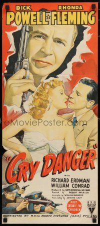 9r888 CRY DANGER Aust daybill '51 great stone litho art of Dick Powell & sexy Rhonda Fleming!
