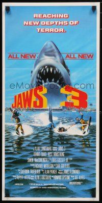 9r969 JAWS 3-D Aust daybill '83 great Gary Meyer shark artwork, different title!
