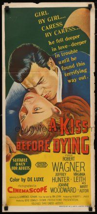 9r975 KISS BEFORE DYING Aust daybill '56 great close up art of Robert Wagner & Joanne Woodward!