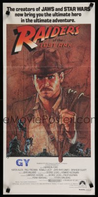 9r985 RAIDERS OF THE LOST ARK Aust daybill '81 great artwork of Harrison Ford by Richard Amsel!