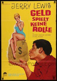 9r754 IT'S ONLY MONEY German '63 Peltzer art of private eye Jerry Lewis w/money bag & sexy girl!