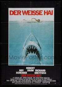 9r755 JAWS German '75 art of Steven Spielberg's classic man-eating shark attacking sexy swimmer!