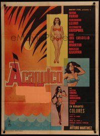 9r447 ACAPULCO A GO-GO Mexican poster '67 Sonia Furio, Fernando Lujan, art of sexy women & beach!