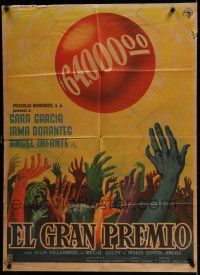 9r465 EL GRAN PREMIO Mexican poster '58 art of many hands reaching for $64,000 balloon by Cacho!