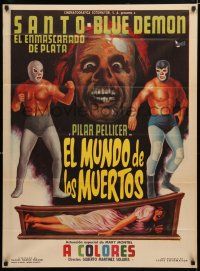 9r467 EL MUNDO DE LOS MUERTOS Mexican poster '70 Santo, Alehandro Cruz, masked wrestlers!