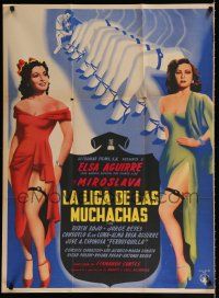 9r482 LA LIGA DE LAS MUCHACHAS Mexican poster '50 full-length art of sexy Elsa Aguirre, Miroslava!