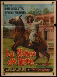 9r483 LA MANO DE DIOS Mexican poster '66 cool artwork of cowboy on horseback!