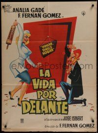 9r489 LIFE AHEAD Mexican poster '58 wacky art of woman beating man w/rolling pin!