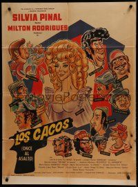 9r490 LOS CACOS Mexican poster '72 Silvia Pinal, Milton Rodriguez, wacky artwork of top cast!