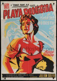 9r496 PLAYA PROHIBIDA export Mexican poster R60s cool silkscreen art of sexy Rossana Podesta!