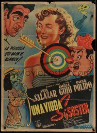9r519 UNA VIUDA SIN SOSTEN Mexican poster '51 Rene Cardona directed, art of pretty girl & target!