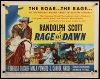 9w199 RAGE AT DAWN style B 1/2sh '55 cool artwork of outlaw hunter Randolph Scott, Mala Powers!