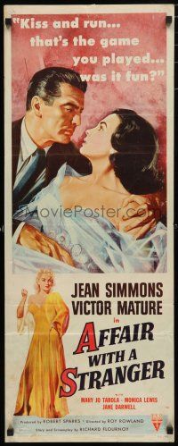 9w290 AFFAIR WITH A STRANGER revised insert '53 great artwork of Jean Simmons, Victor Mature!