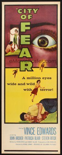 9w366 CITY OF FEAR insert '59 crazy Vince Edwards, cool different close up eye artwork!