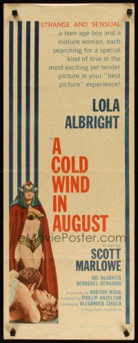 9w368 COLD WIND IN AUGUST insert '61 Scott Marlowe, sexy half-dressed masked Lola Albright!