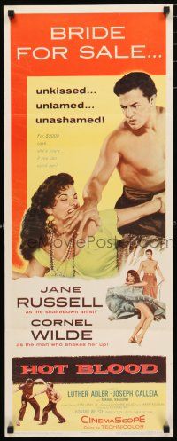 9w469 HOT BLOOD insert '56 barechested Cornel Wilde grabbing Jane Russell, Nicholas Ray!