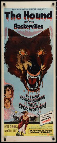 9w471 HOUND OF THE BASKERVILLES insert '59 Peter Cushing, great blood-dripping dog artwork!