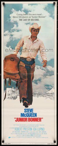 9w509 JUNIOR BONNER insert '72 full-length rodeo cowboy Steve McQueen carrying saddle!