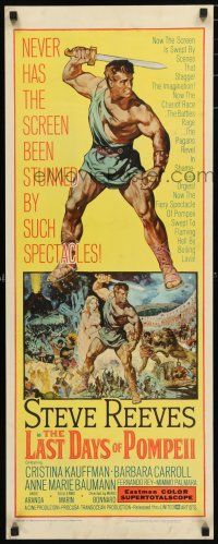 9w526 LAST DAYS OF POMPEII insert '60 art of mighty Steve Reeves in the fiery summit of spectacle!