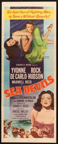 9w709 SEA DEVILS insert '53 Rock Hudson is six-feet-four of fighting man taming Yvonne De Carlo!