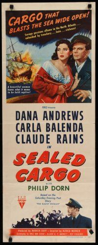 9w711 SEALED CARGO insert '51 great art of Dana Andrews & Carla Balenda, with ship exploding!