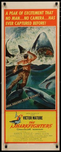 9w722 SHARKFIGHTERS insert '56 Victor Mature, cool artwork of man fighting sharks w/knife!