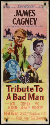 9w792 TRIBUTE TO A BAD MAN insert '56 great art of cowboy James Cagney, pretty Irene Papas!
