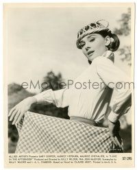 9y527 LOVE IN THE AFTERNOON 8x10 still '57 Audrey Hepburn showing her checkered skirt & wacky hat!