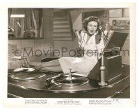 9y817 SOMETHING IN THE WIND 8x10.25 still '47 Deanna Durbin on desk singing into radio microphone!