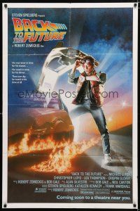 9z081 BACK TO THE FUTURE advance 1sh '85 Zemeckis, art of Michael J. Fox & Delorean by Drew!